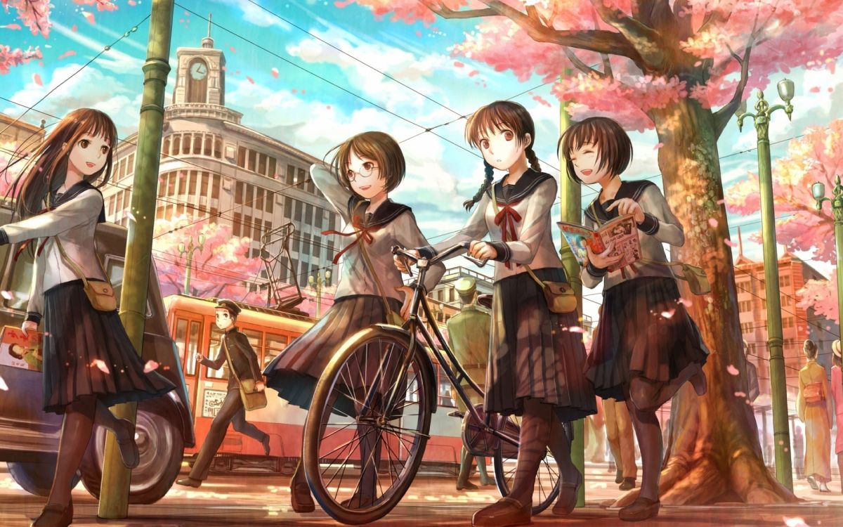 3 girls in school uniform riding on bicycle