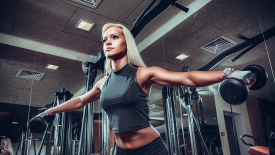 Image woman in gray tank top and black shorts standing on black metal ladder