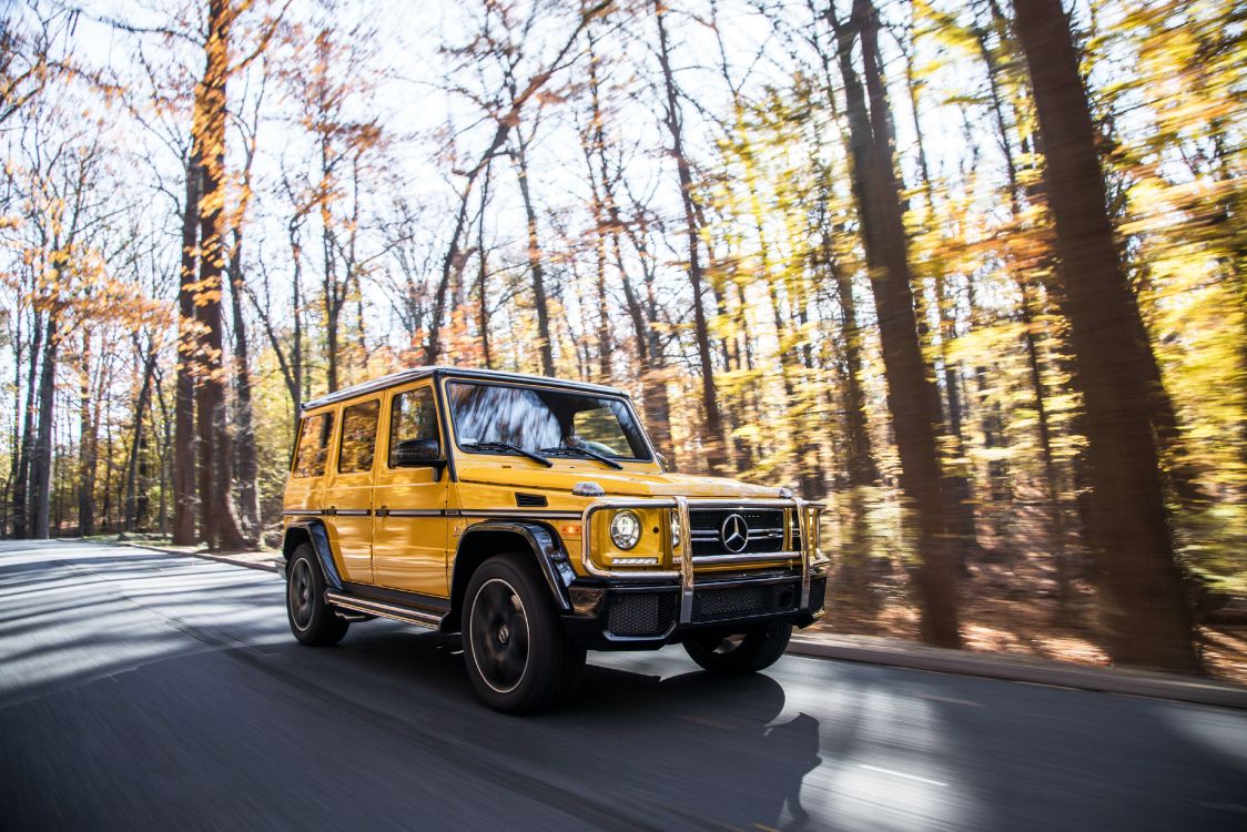 Voiture Jaune et Noire Sur la Route Entre Les Arbres Pendant la Journée. Wallpaper in 4096x2731 Resolution