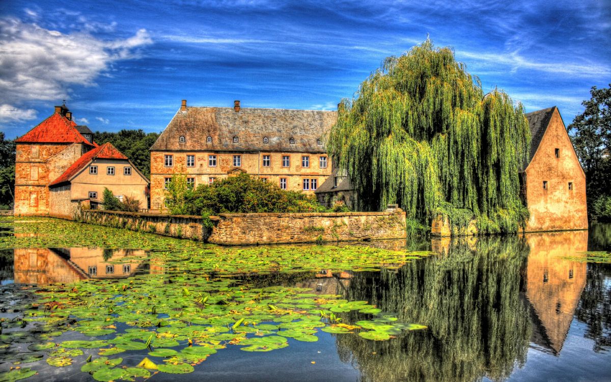 brown brick building near green trees and body of water under blue sky during daytime