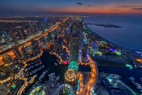 Image aerial view of city during night time