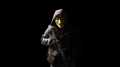 Image person in black hoodie holding black rifle