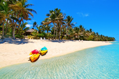 Image yellow and blue kayak on beach during daytime