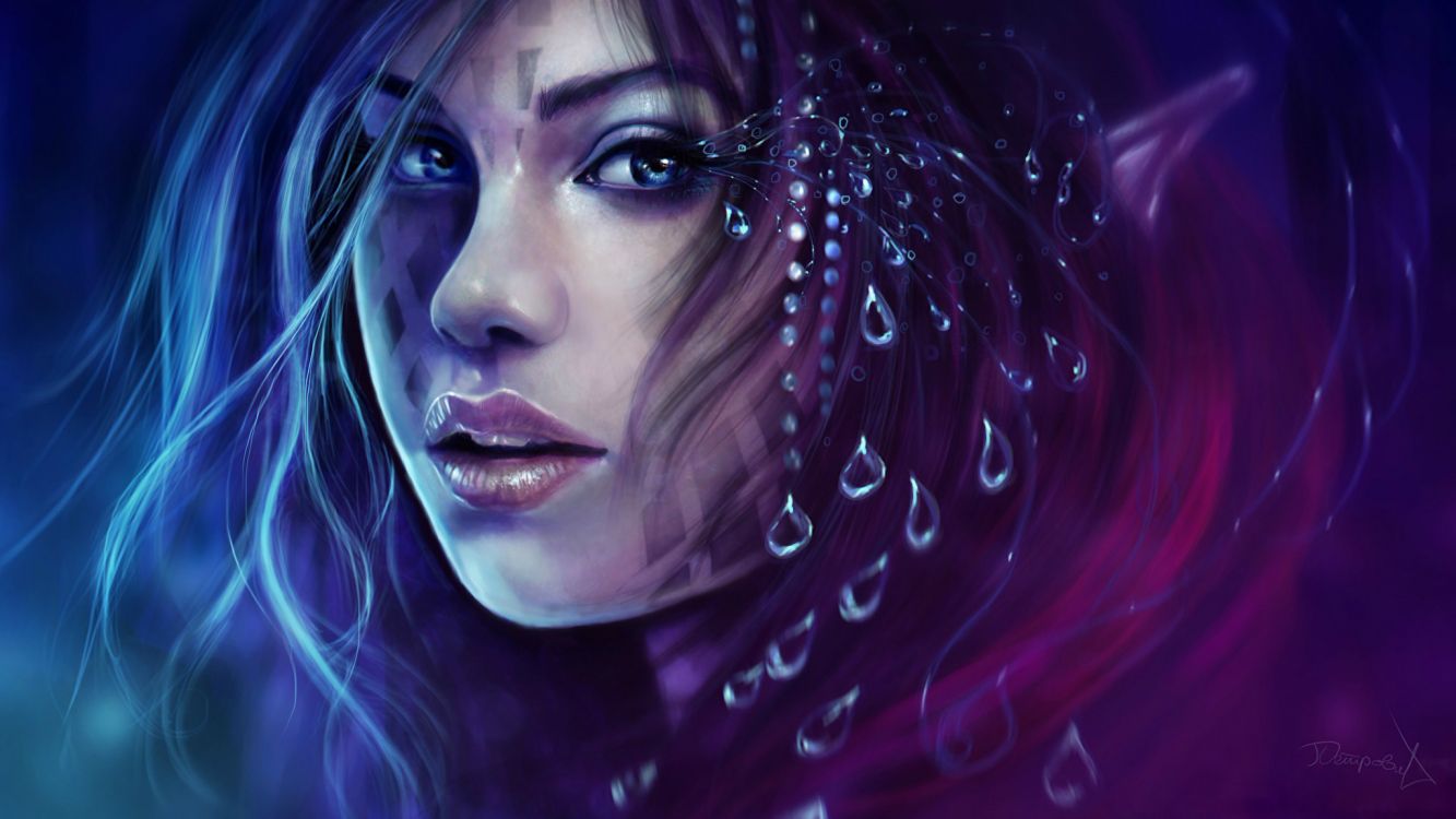 Frau Mit Lila Haaren Und Schwarzem Lidschatten. Wallpaper in 2048x1152 Resolution