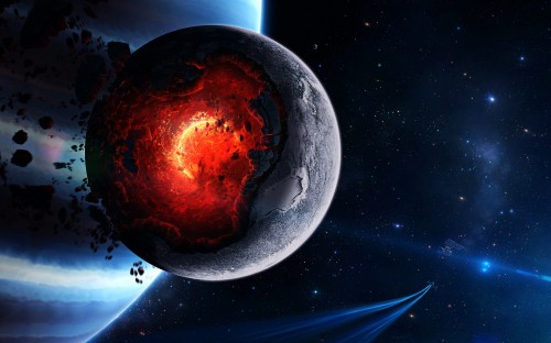 Image red and black planet with blue and white stars