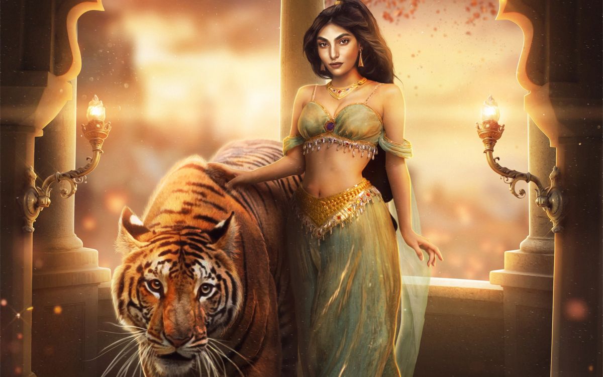 Femme en Robe Verte à Côté de la Peinture de Tigre. Wallpaper in 1920x1200 Resolution