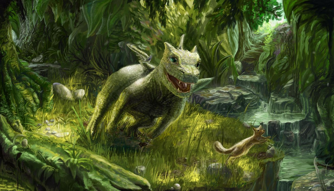Green and Gray Dragon on Green Grass Painting. Wallpaper in 4300x2460 Resolution