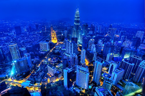 Image aerial view of city buildings during night time