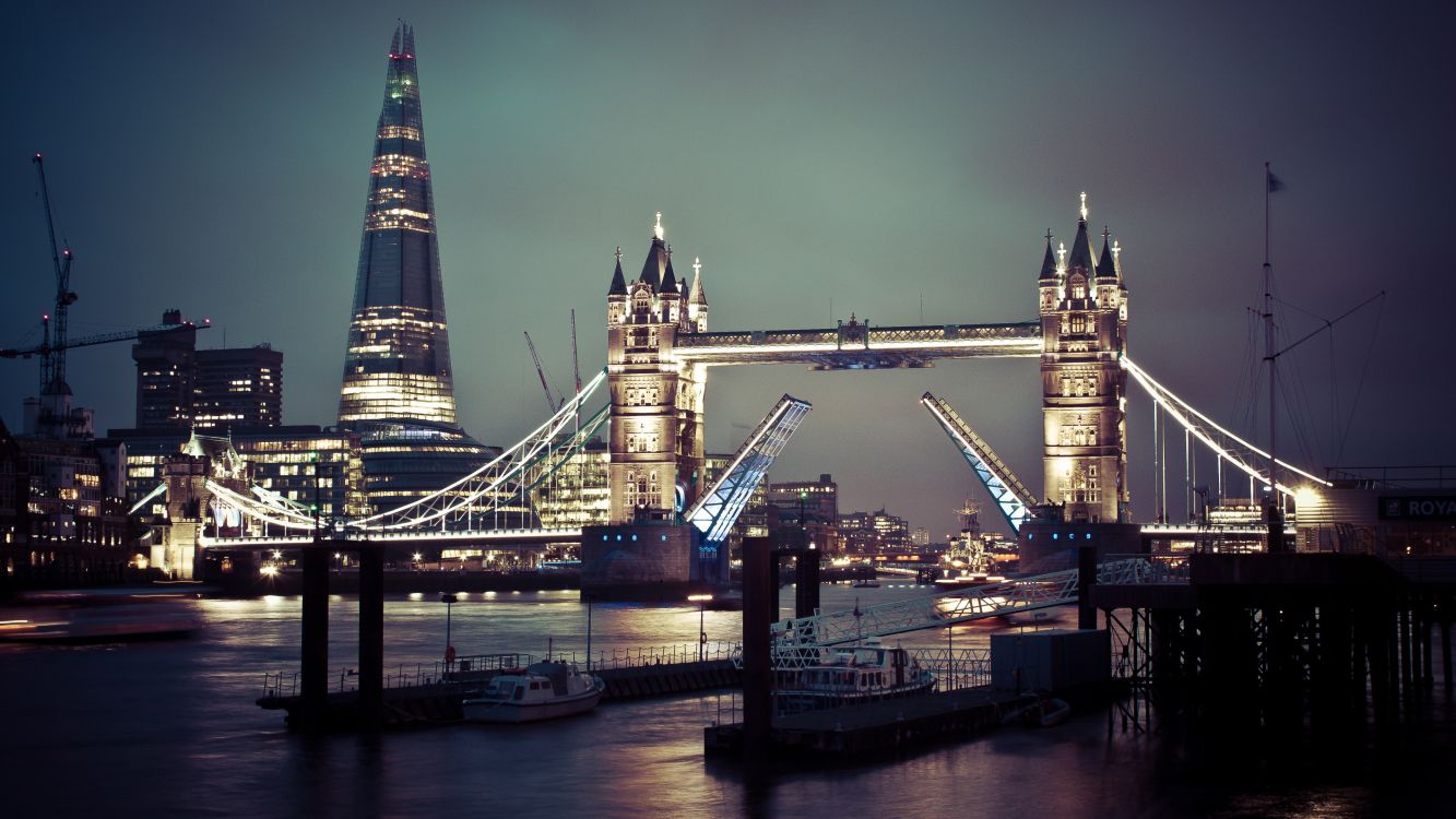 brown and black bridge near city buildings during night time