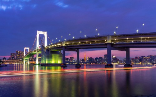 Image white bridge over water during night time