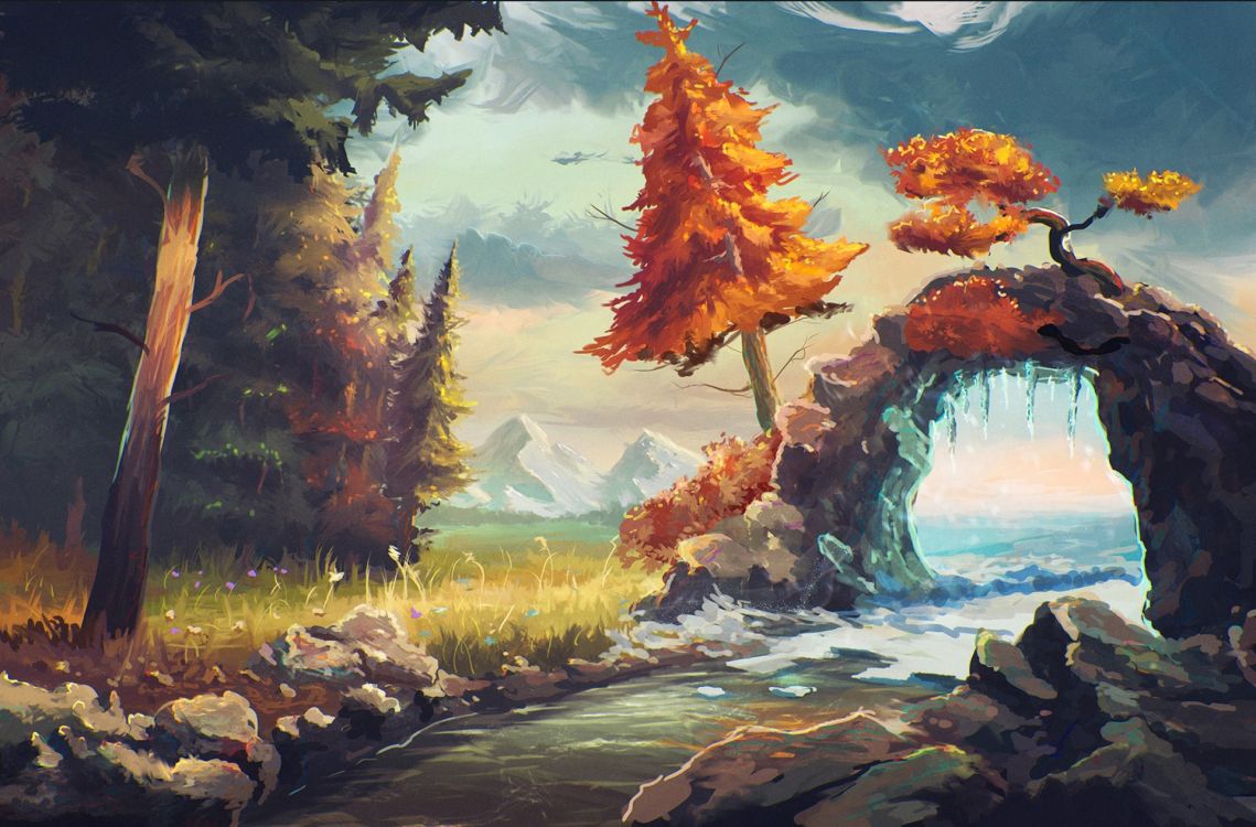 Braune Und Grüne Bäume Neben Flussmalerei. Wallpaper in 1920x1264 Resolution