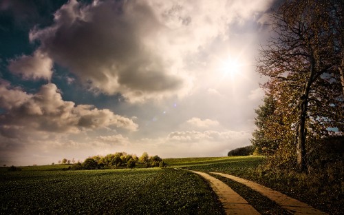 Image green grass field under white clouds and blue sky during daytime