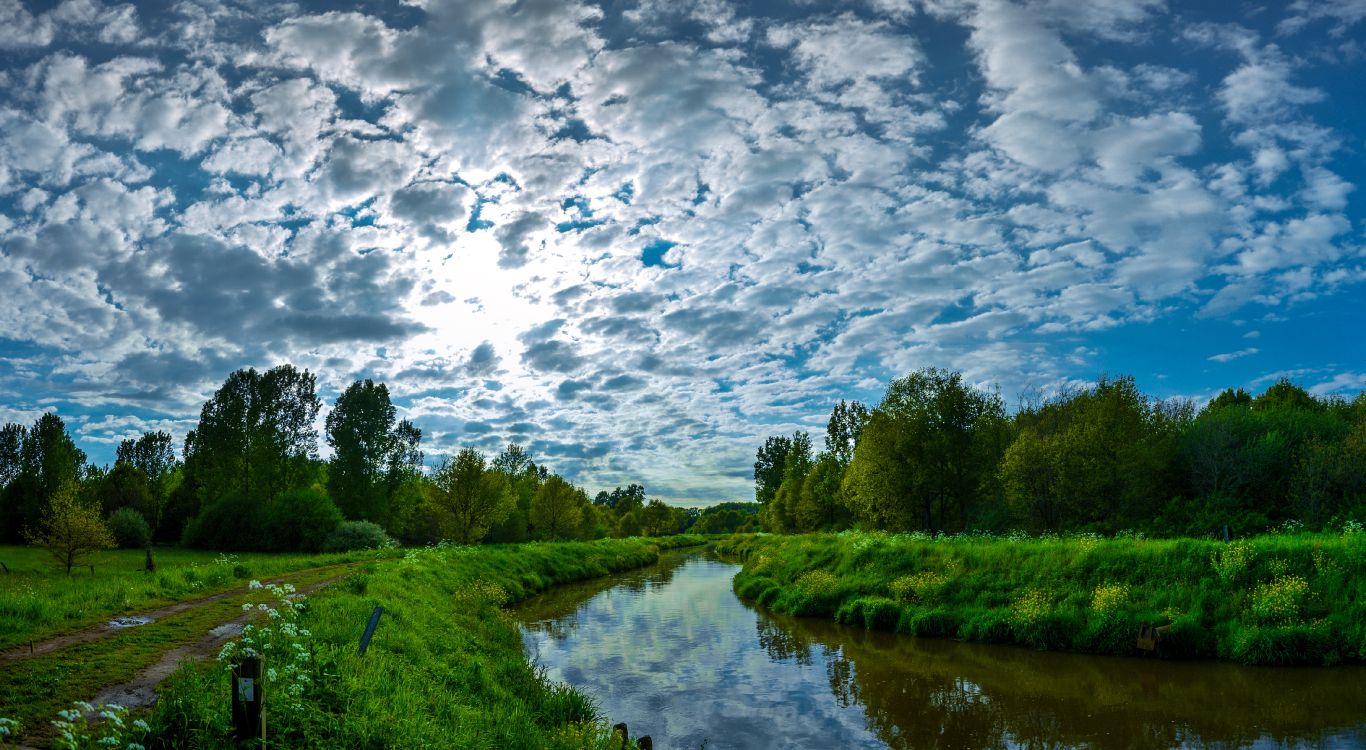 Grüne Wiese in Der Nähe Von Gewässern Unter Weißen Wolken Und Blauem Himmel Tagsüber. Wallpaper in 4523x2482 Resolution