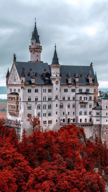 Image white and blue castle surrounded by trees under cloudy sky during daytime