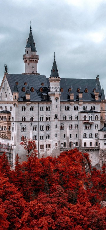 Image white and blue castle surrounded by trees under cloudy sky during daytime