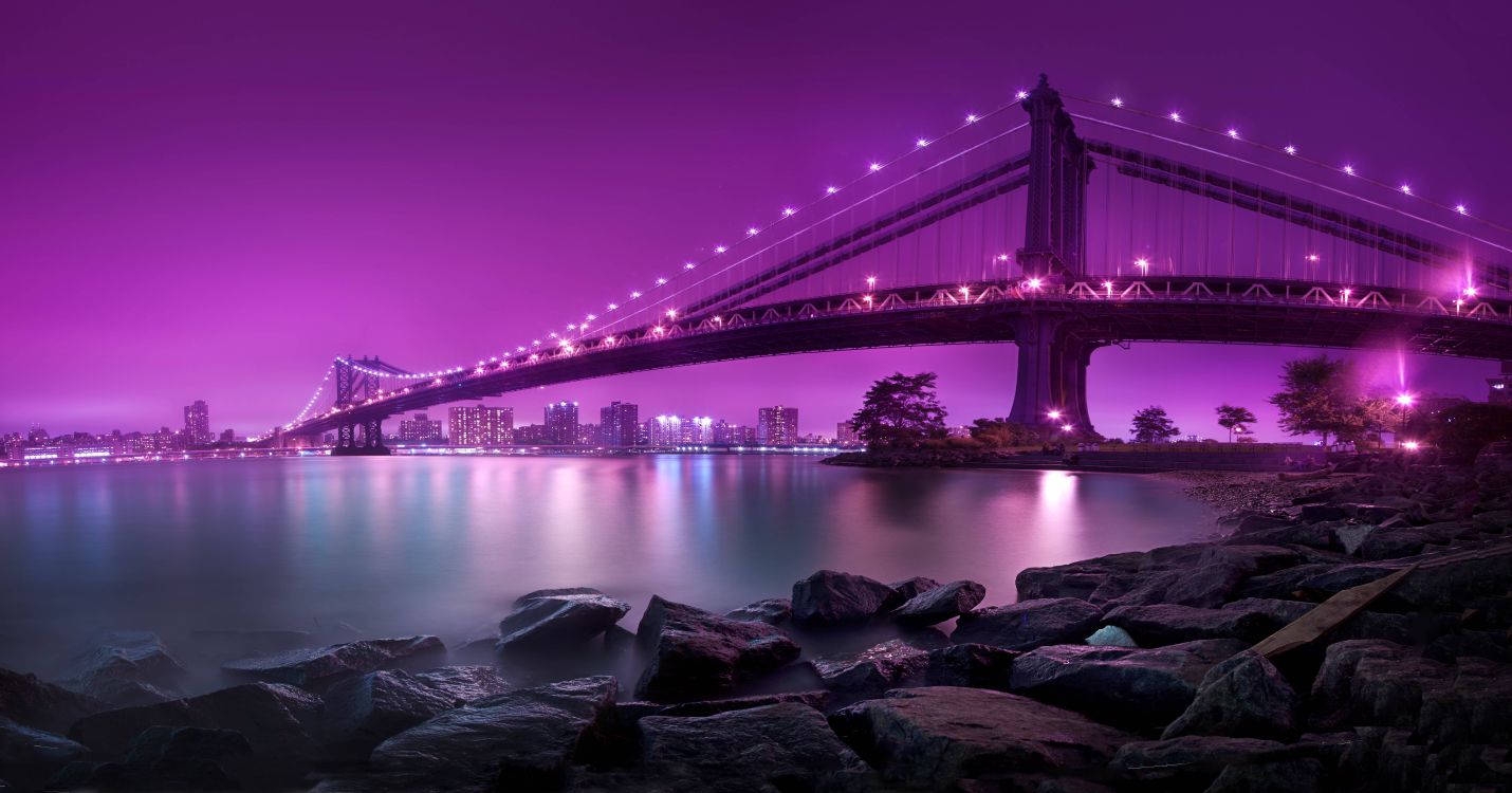 紫色的, 里程碑, 反射, 城市景观, 曼哈顿大桥 壁纸 11658x6112 允许