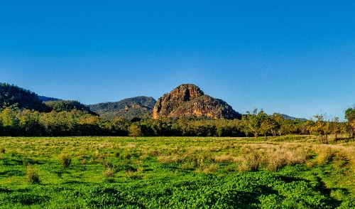 Image green grass field near brown mountain under blue sky during daytime