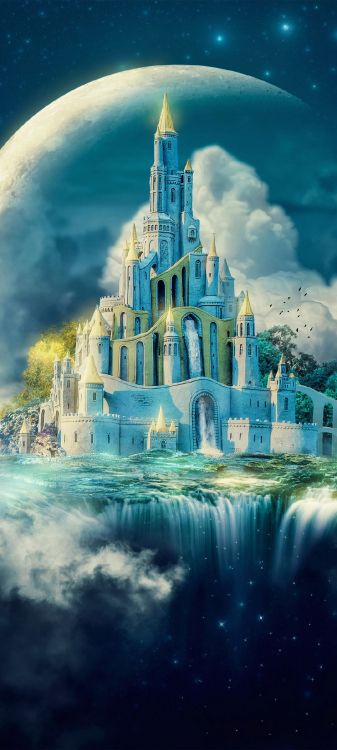 Fantasy-Mondschloss, Malerei, Kunst, Cloud, Gebäude. Wallpaper in 1080x2400 Resolution