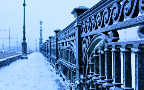 Image black metal fence on snow covered ground