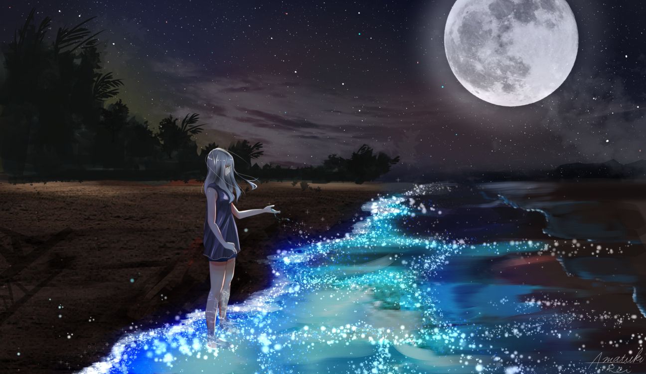 Woman in White Long Sleeve Shirt and Blue Denim Shorts Standing on Seashore During Night Time. Wallpaper in 2000x1157 Resolution