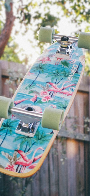 Image green and black skateboard on brown wooden fence during daytime