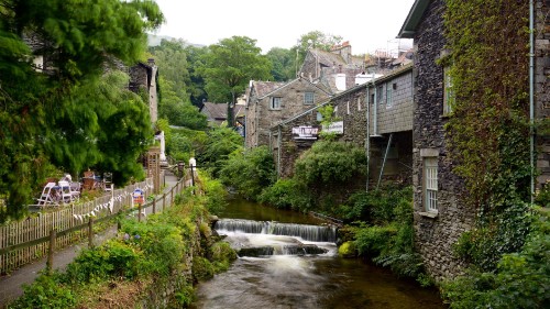 Image river between green trees and houses