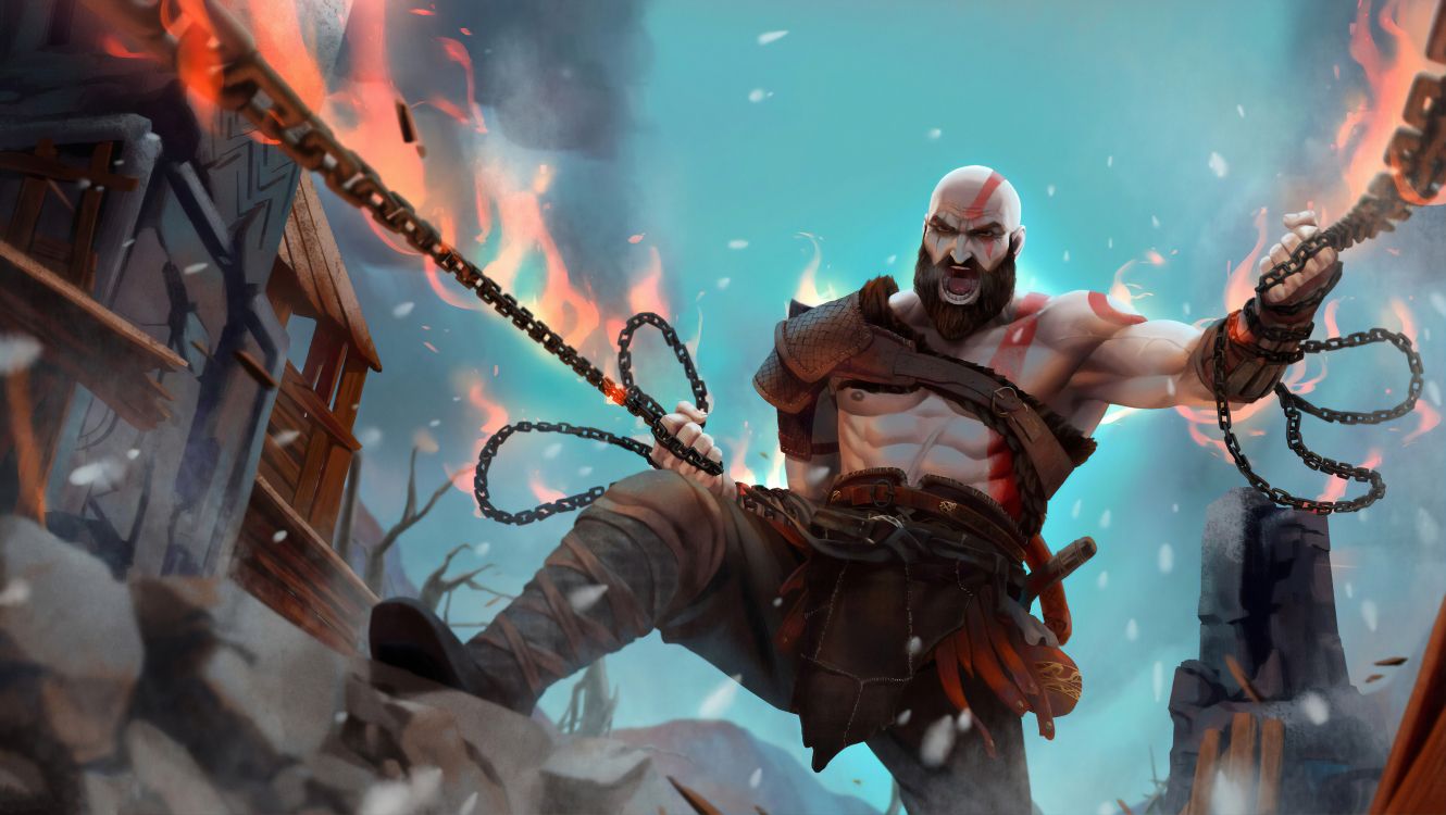 god of war, kratos, illustration, pc game, demon