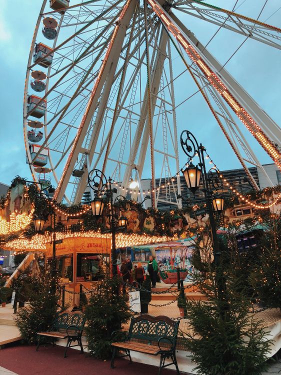 ferris wheel, public space, bench, amusement ride, spoke