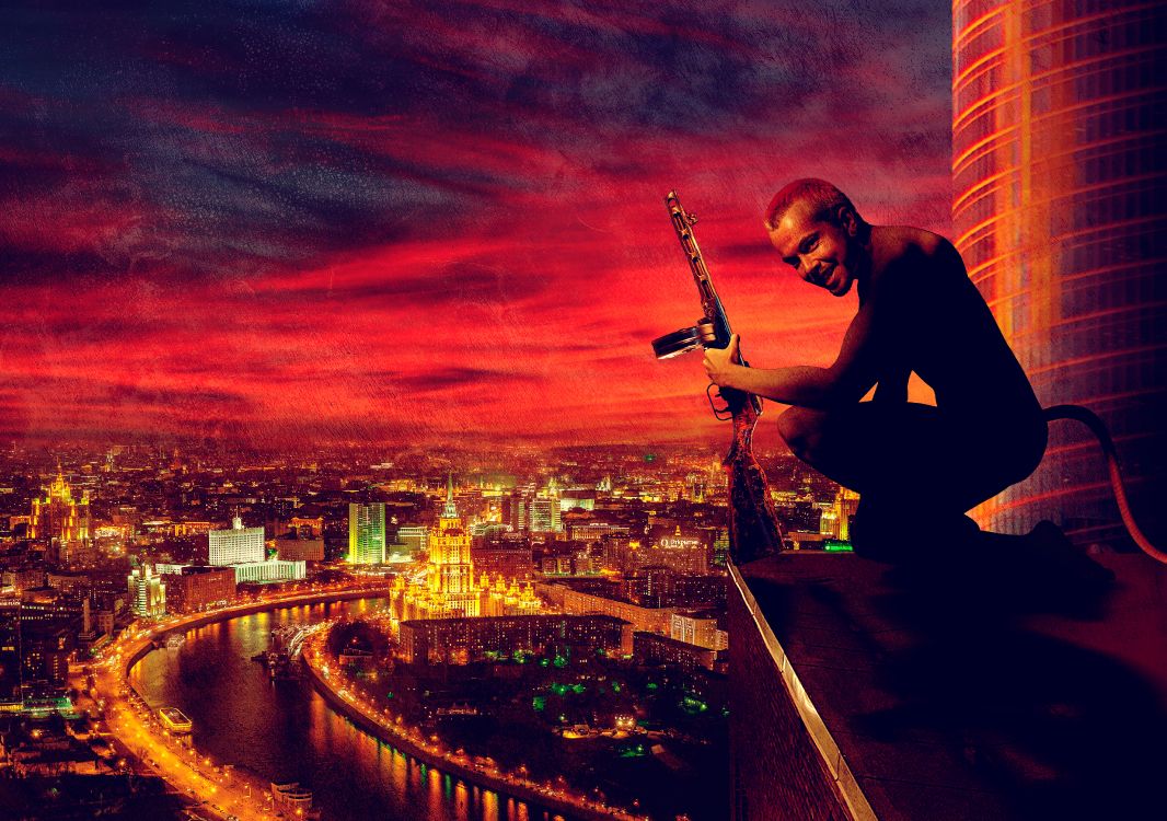 Hombre de Camiseta Negra Con Cuello Redondo Tocando la Guitarra en la Parte Superior Del Edificio Durante la Noche. Wallpaper in 5000x3515 Resolution