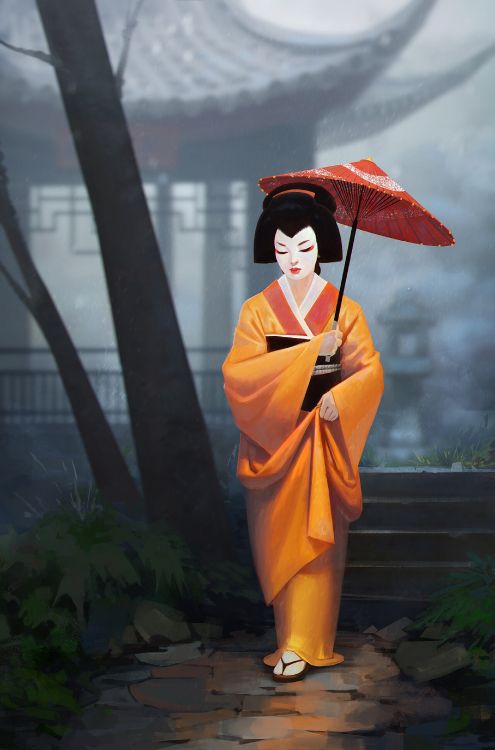 Woman in Orange Kimono Standing on Stairs. Wallpaper in 2560x3878 Resolution