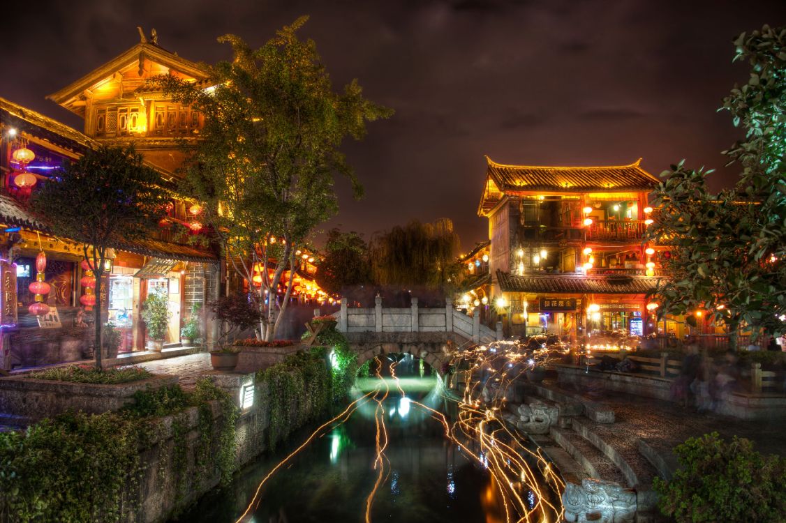 城市, 反射, li Jiang, 晚上, 旅游景点 壁纸 4000x2662 允许