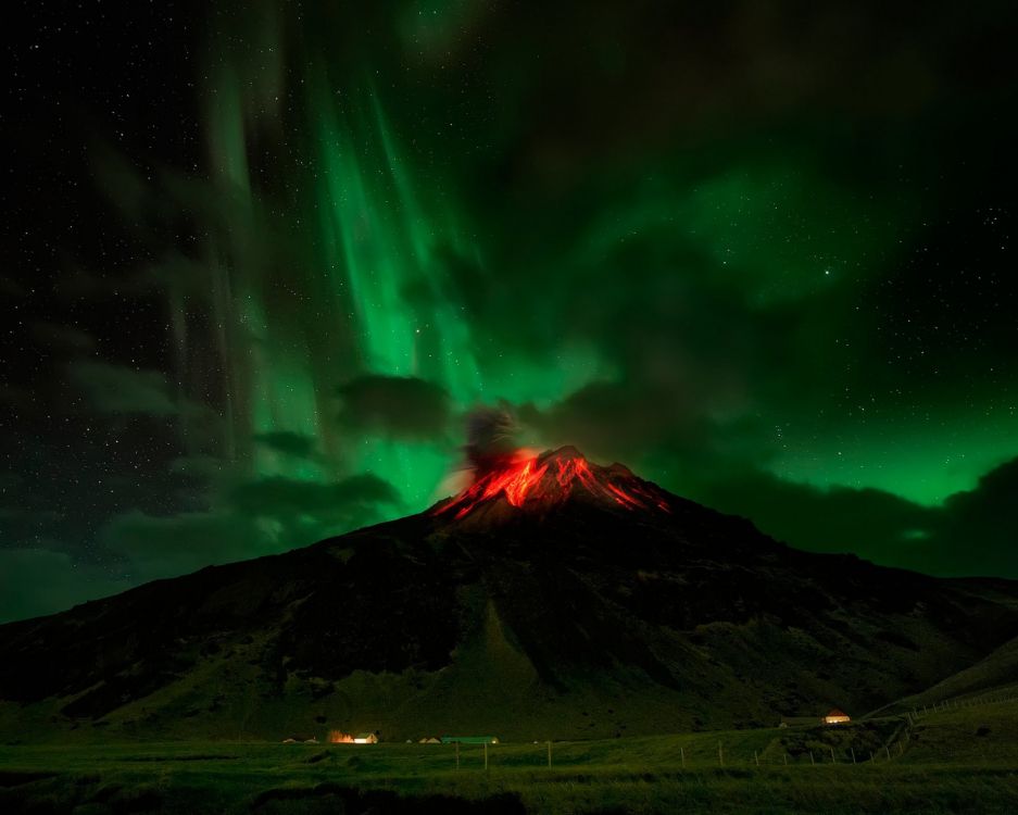 volcano, aurora, nature, green, volcanic landform