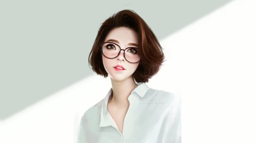 Image woman in white button up shirt wearing black framed eyeglasses