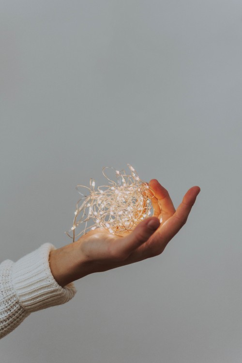 Image person holding white string lights