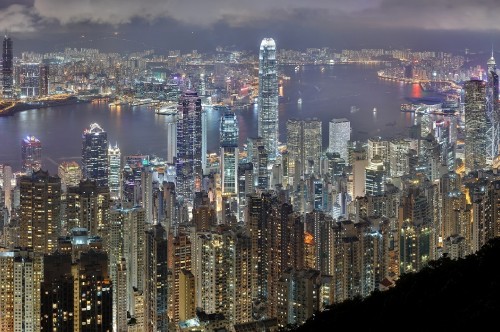 Image aerial view of city buildings during night time