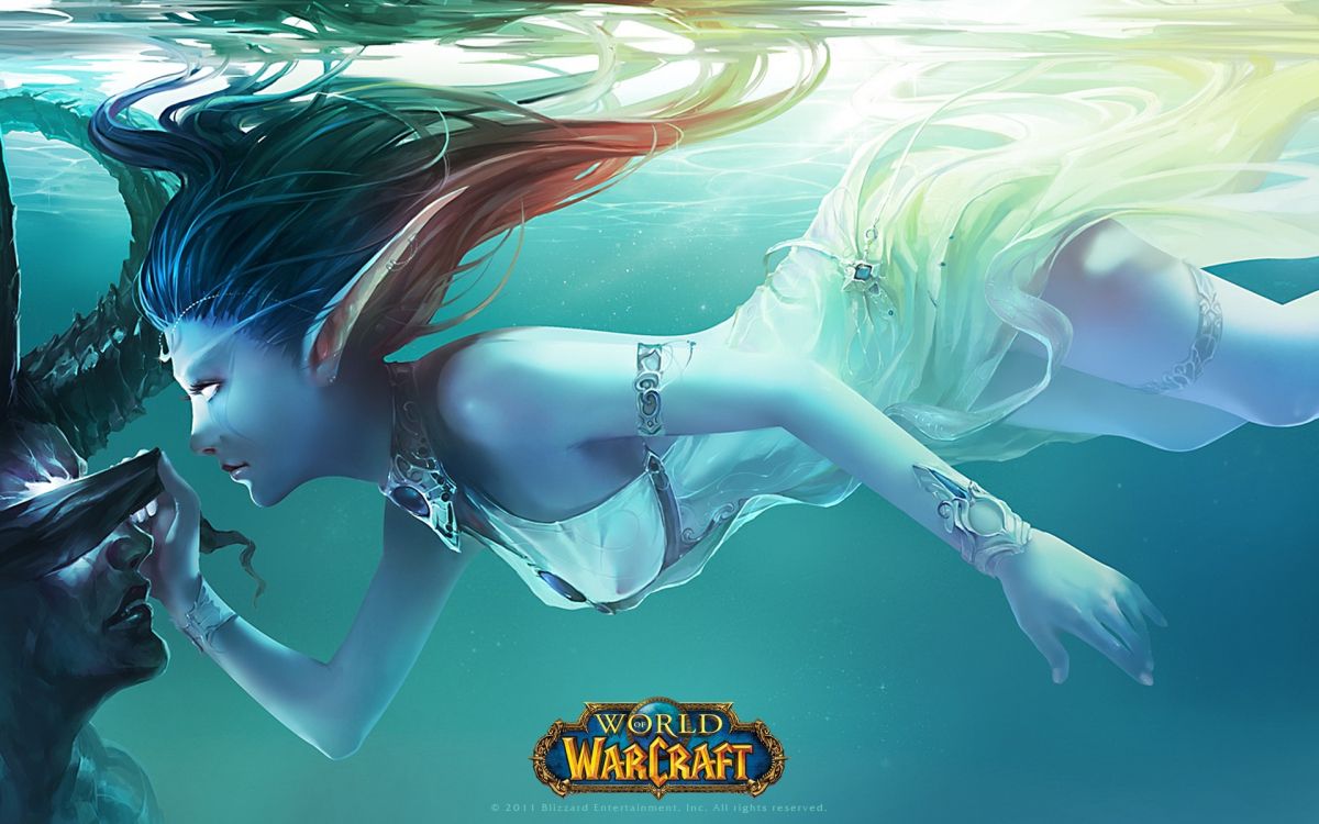 tyrande whisperwind, illidan stormrage, malfurion stormrage, underwater, illustration