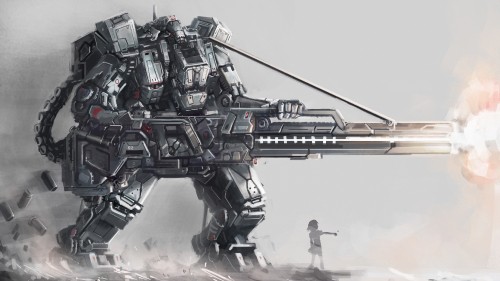 Image black and gray robot holding rifle