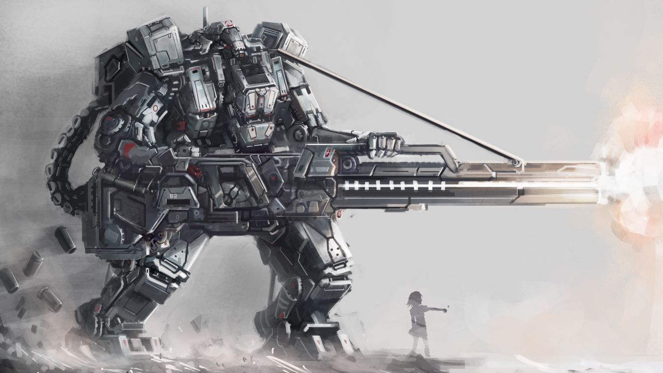 black and gray robot holding rifle