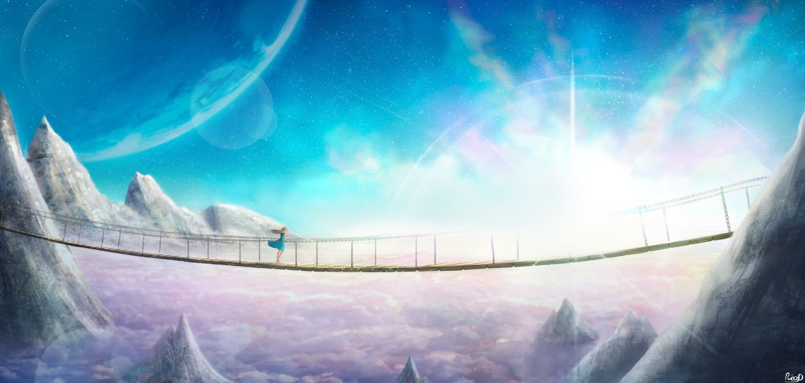 Mann in Schwarzer Jacke Steht Auf Brücke Unter Blauem Himmel. Wallpaper in 4961x2361 Resolution