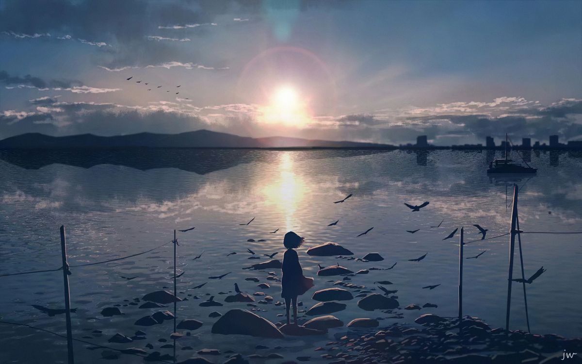 Allein Anime, Anime, Digitale Kunst, Wasser, Cloud. Wallpaper in 3000x1875 Resolution