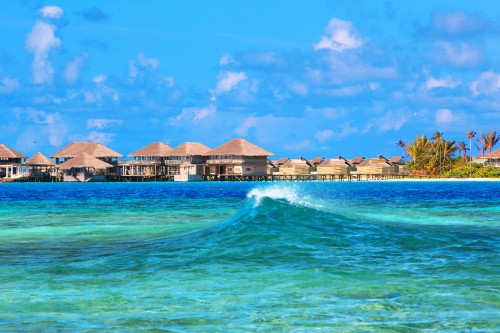 Image brown and white wooden houses near body of water under blue sky during daytime