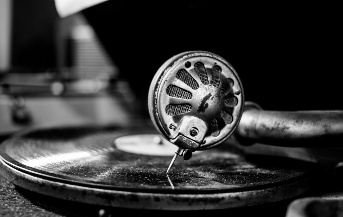 phonograph, phonograph record, wheel, monochrome, black and white