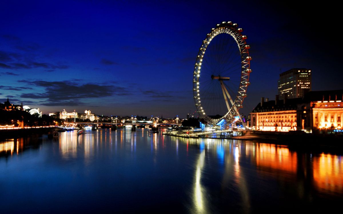 ferris wheel near body of water during night time