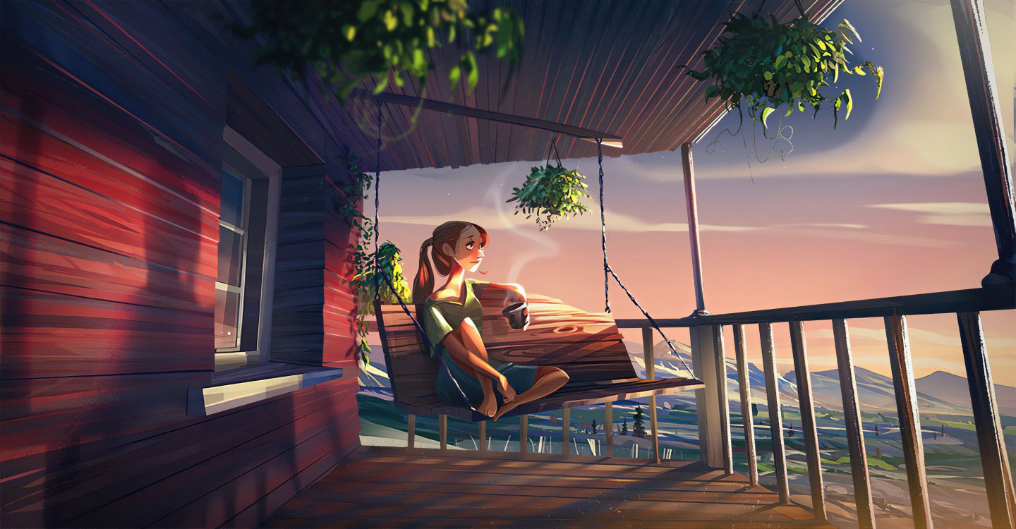 Chica Tomando Cafe, Café, Artista, Arte Digital, Arte. Wallpaper in 3840x2000 Resolution