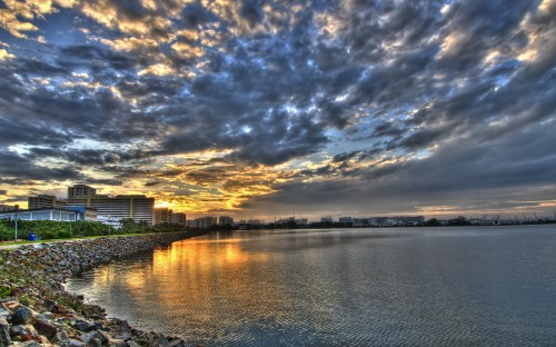 Image body of water near green trees under cloudy sky during daytime