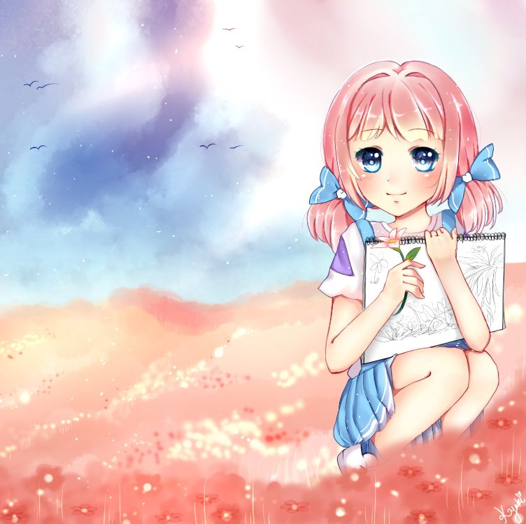 Mädchen im Blauen Und Weißen Tupfenkleid Anime-Charakter. Wallpaper in 2993x2985 Resolution