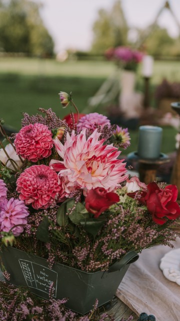 Image pink flowers in green ceramic vase