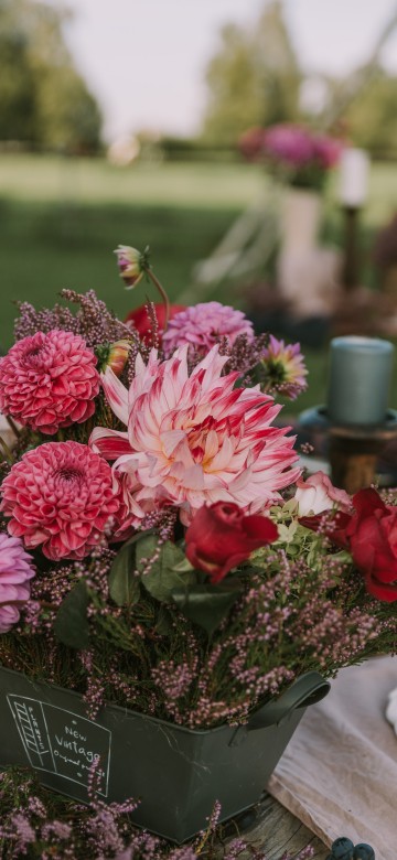 Image pink flowers in green ceramic vase