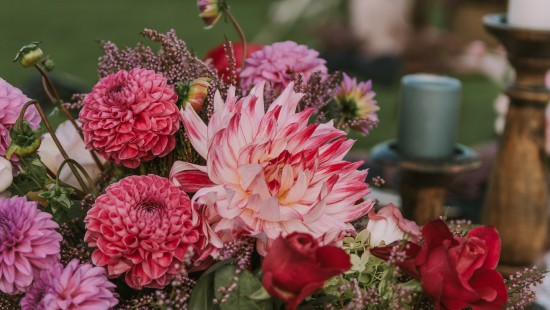 Image pink flowers in green ceramic vase