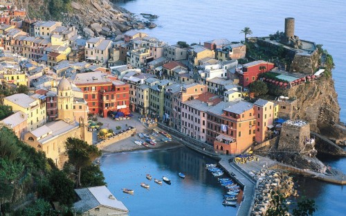 Image aerial view of city buildings near body of water during daytime